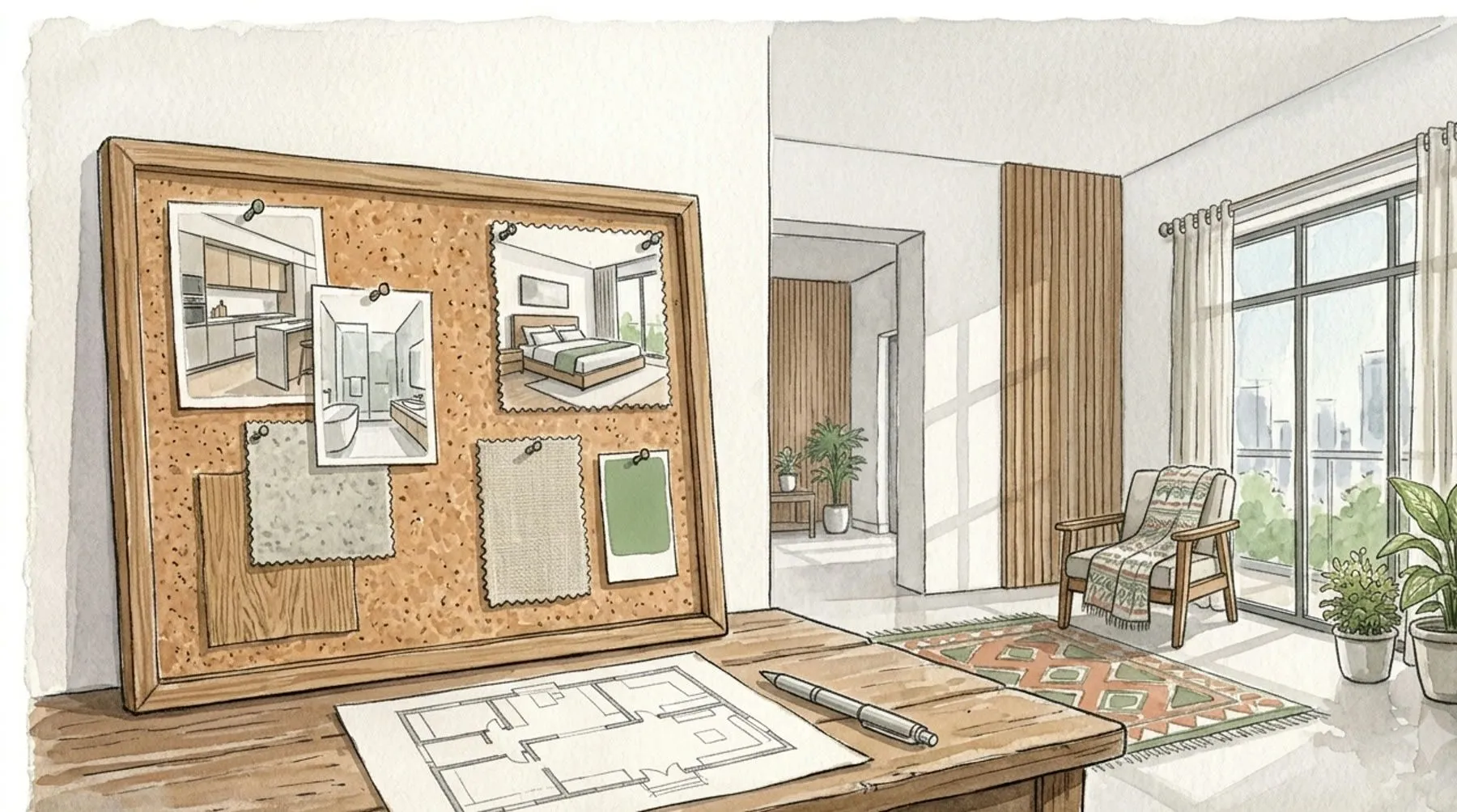 Watercolour of a bright modern living room with a pinboard of saved interior images and a floor-plan sketch