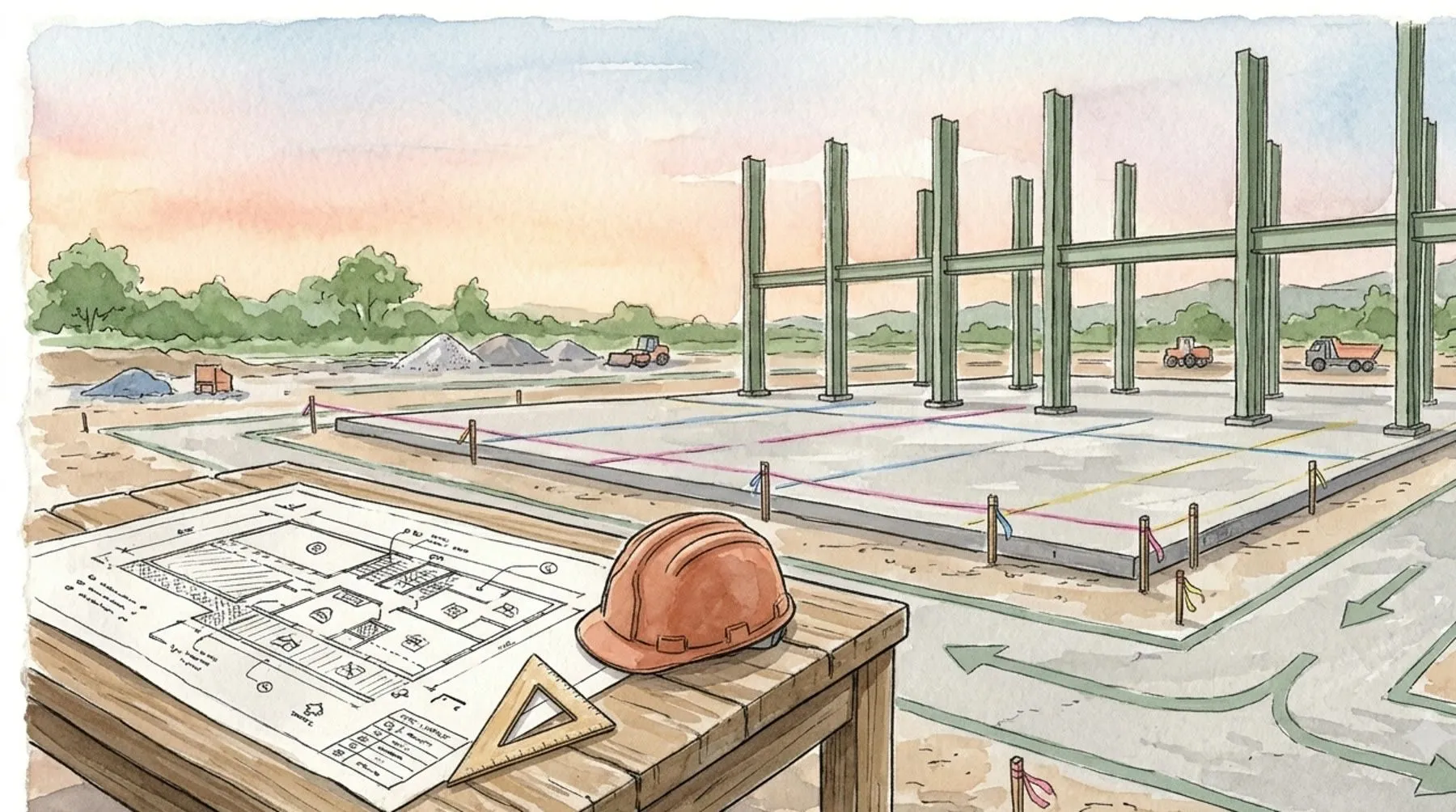 Watercolour of a factory site with the first steel columns and a planning drawing