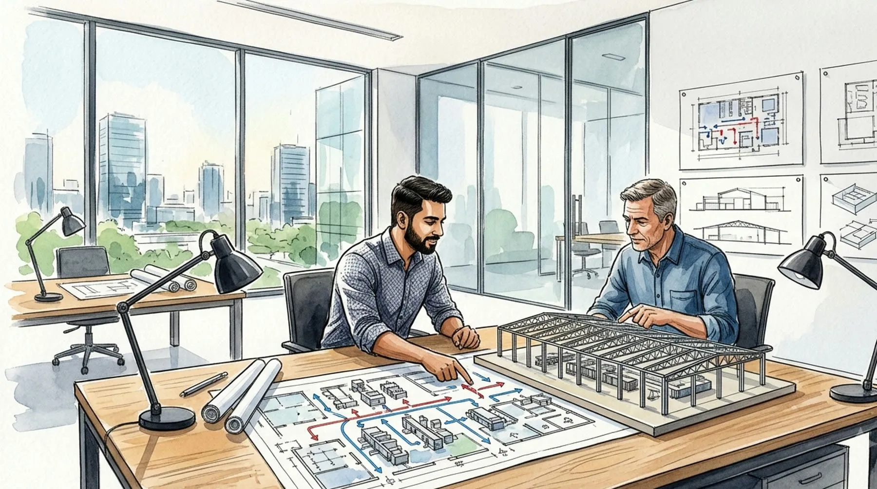 Watercolour of an architect and a factory owner reviewing a plant layout and a model shed in a modern office