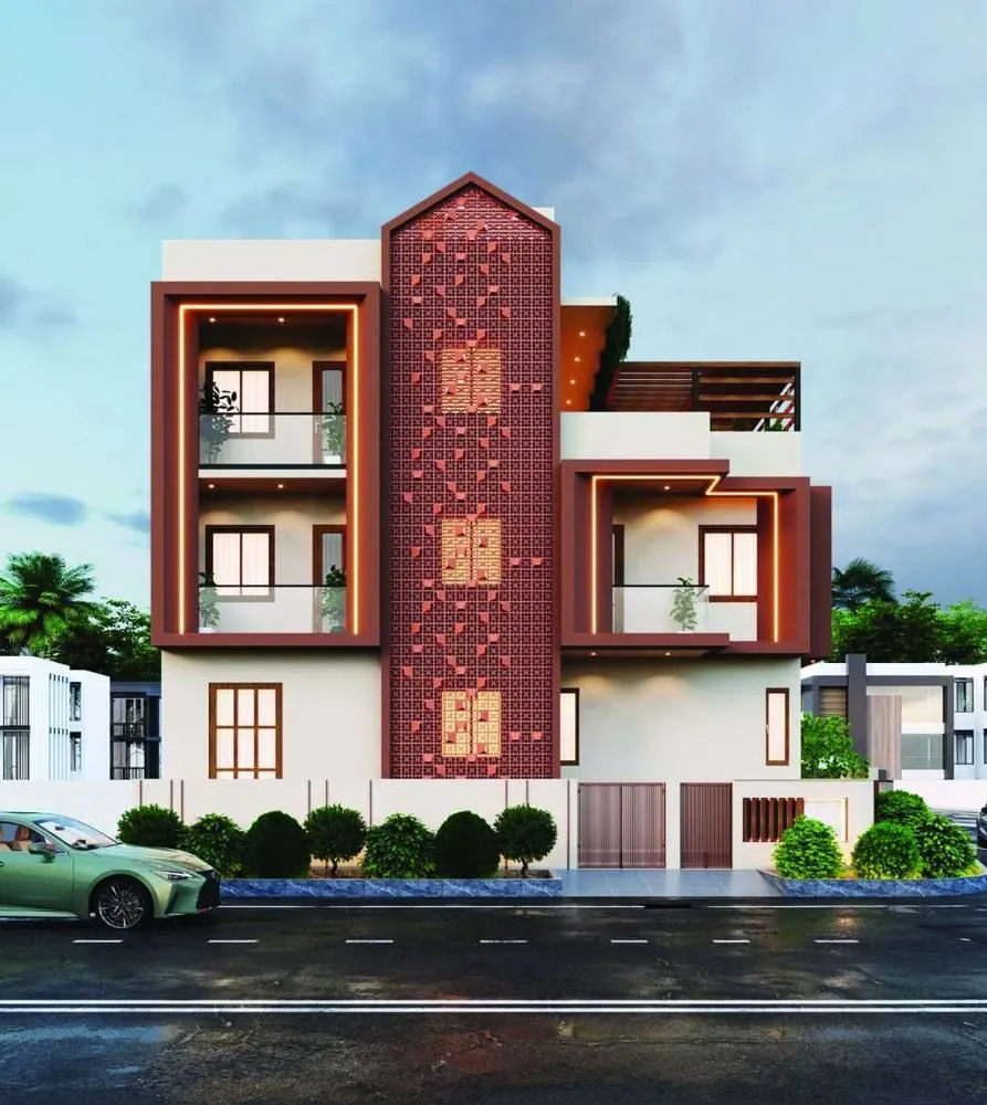 Street elevation of the brick jaali residence