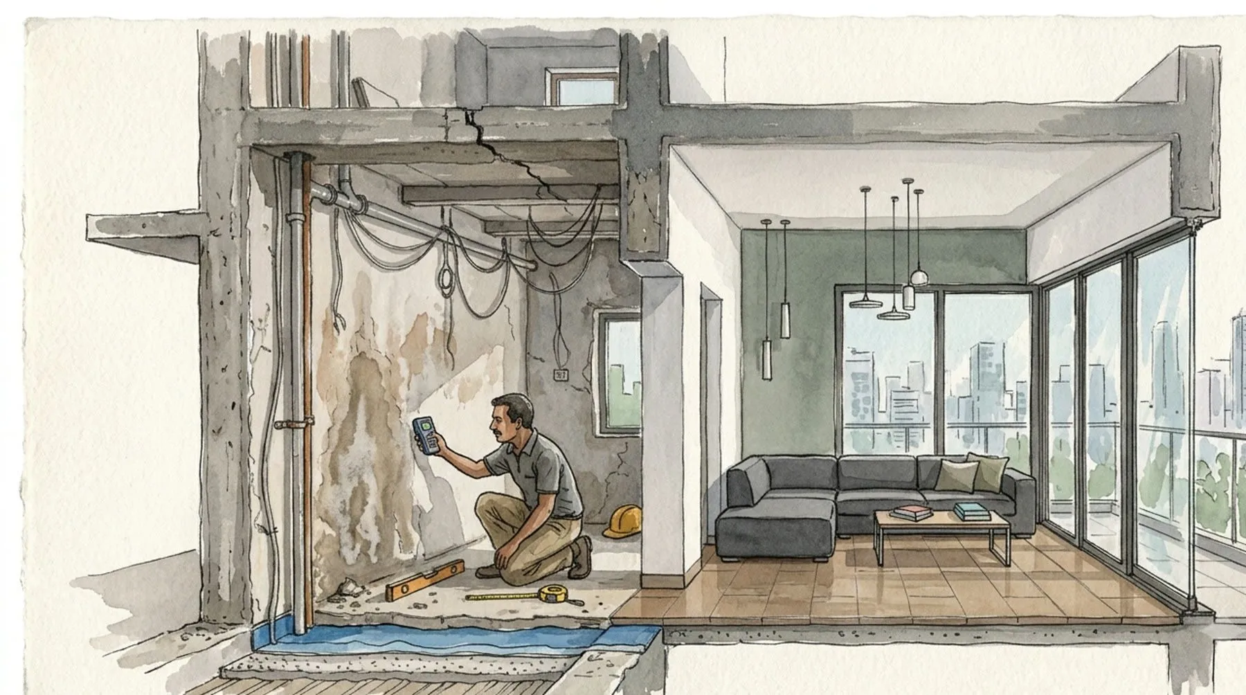 Watercolour cutaway of a modern home under renovation, with beams, pipes, wiring and waterproofing exposed beside a finished living room