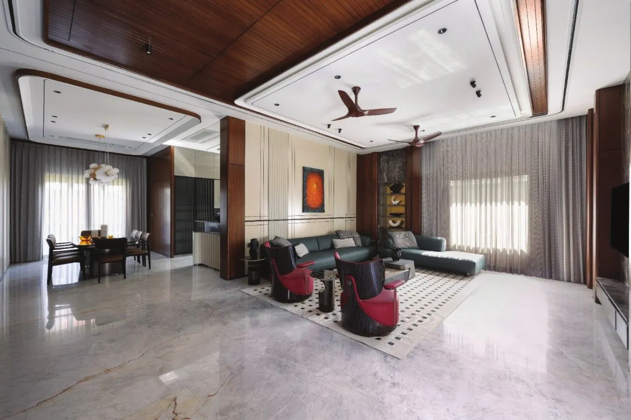 Double-height living room in a contemporary bungalow, Vadodara