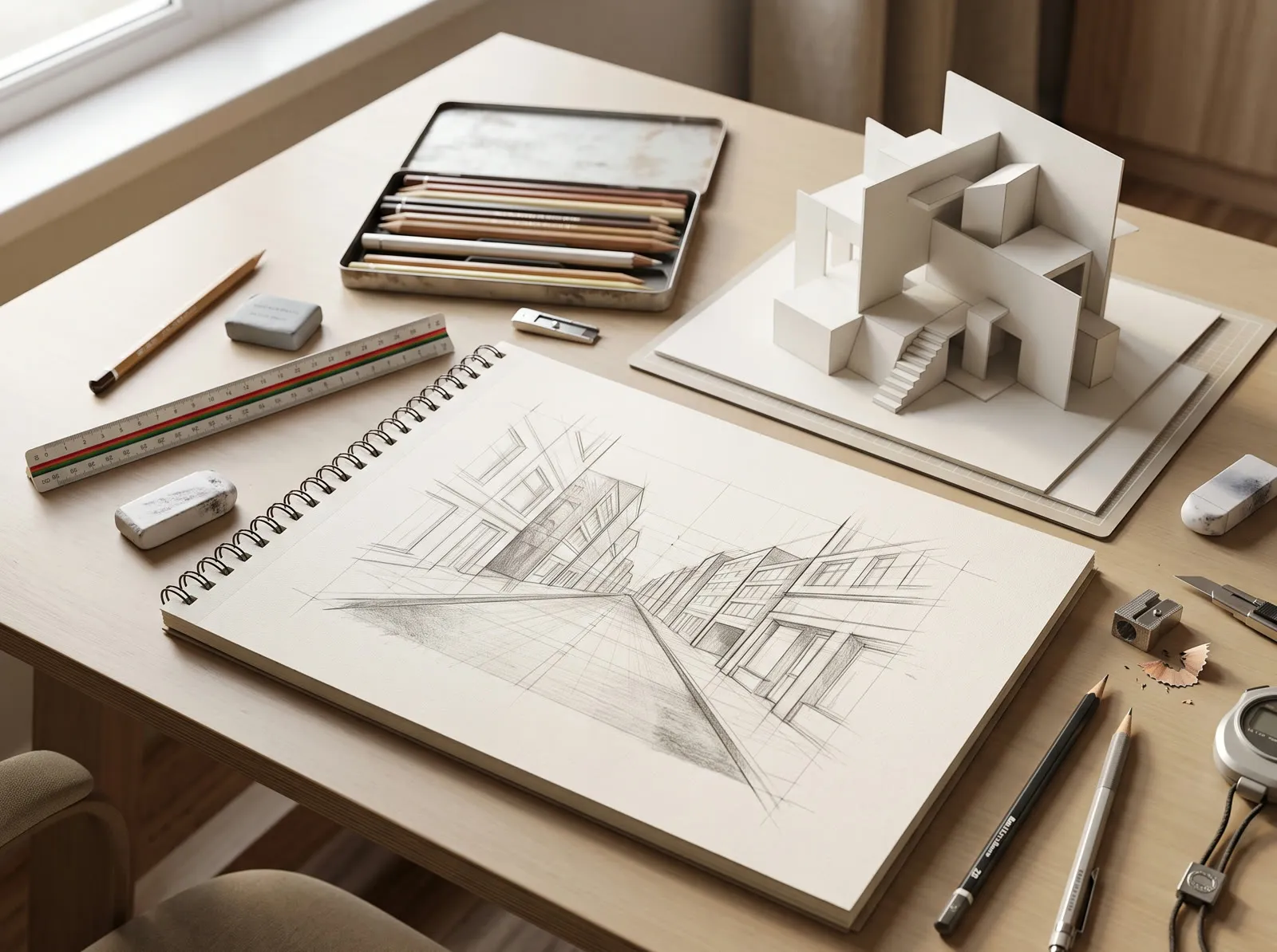 A NATA student’s desk with a perspective sketch, a 3D composition model and colour pencils