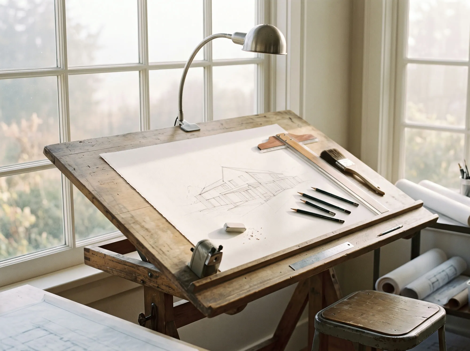 A drafting table with a pencil perspective drawing in progress