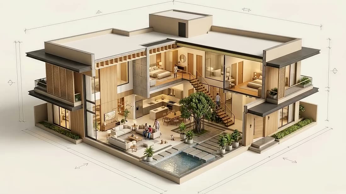 Double-height bungalow living room with walnut ceiling and grey sofas