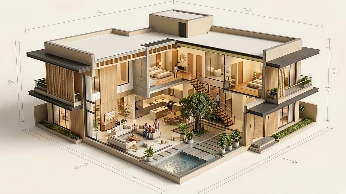 A cutaway scale model of a two-storey villa turning slowly on a drawing board